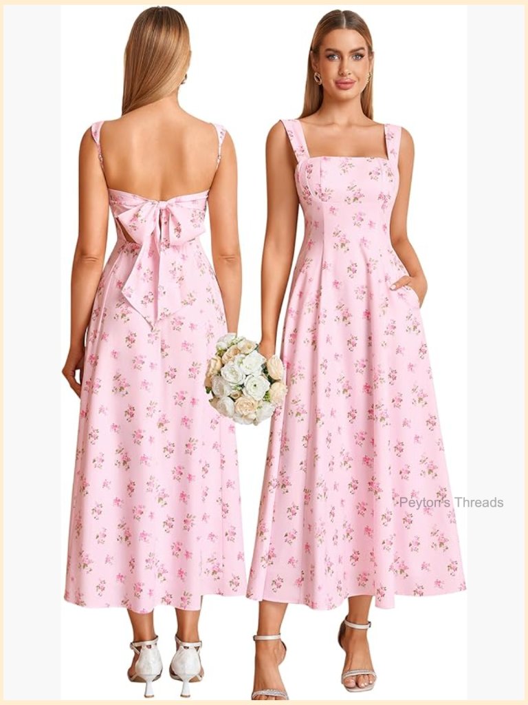 Floral Corset Midi Dress With Pockets Flowy A-Line Square Neck Sleeveless